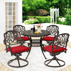 MAIBH Outdoor 5 Piece Cast Aluminum Bistro Set, Patio Table and Swivel Rocker Chairs Set of 4, Metal Patio Furniture Set with Umbrella Hole (35.4''Dia x 29.5''H, Lotus Pattern B) (Red)