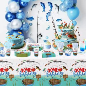 Xenorik Gone Fishing Party Decorations Tableware - Fish Fishing Birthday Party Supplies, Paper Plate, Cup, Napkin, Fork, Little Fisherman Fishing Birthday Baby Shower Table Decorations | Serve 24