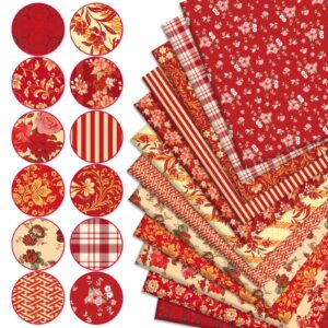 JarThenaAMCS 12Pcs Red Floral Cotton Fabric Bundles Retro Flower Plaid Stripe Fat Quarters Decorative Quilting Patchwork for DIY Craft Home Party Decor, 18 x 22 Inch