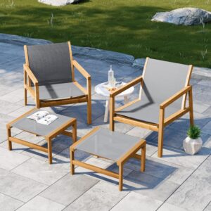 Devoko Patio Furniture Set 4 Piece Outdoor Conversation Set Acacia Wood and Textile Chairs with Footstool for Patio, Lawn, Garden, Poolside