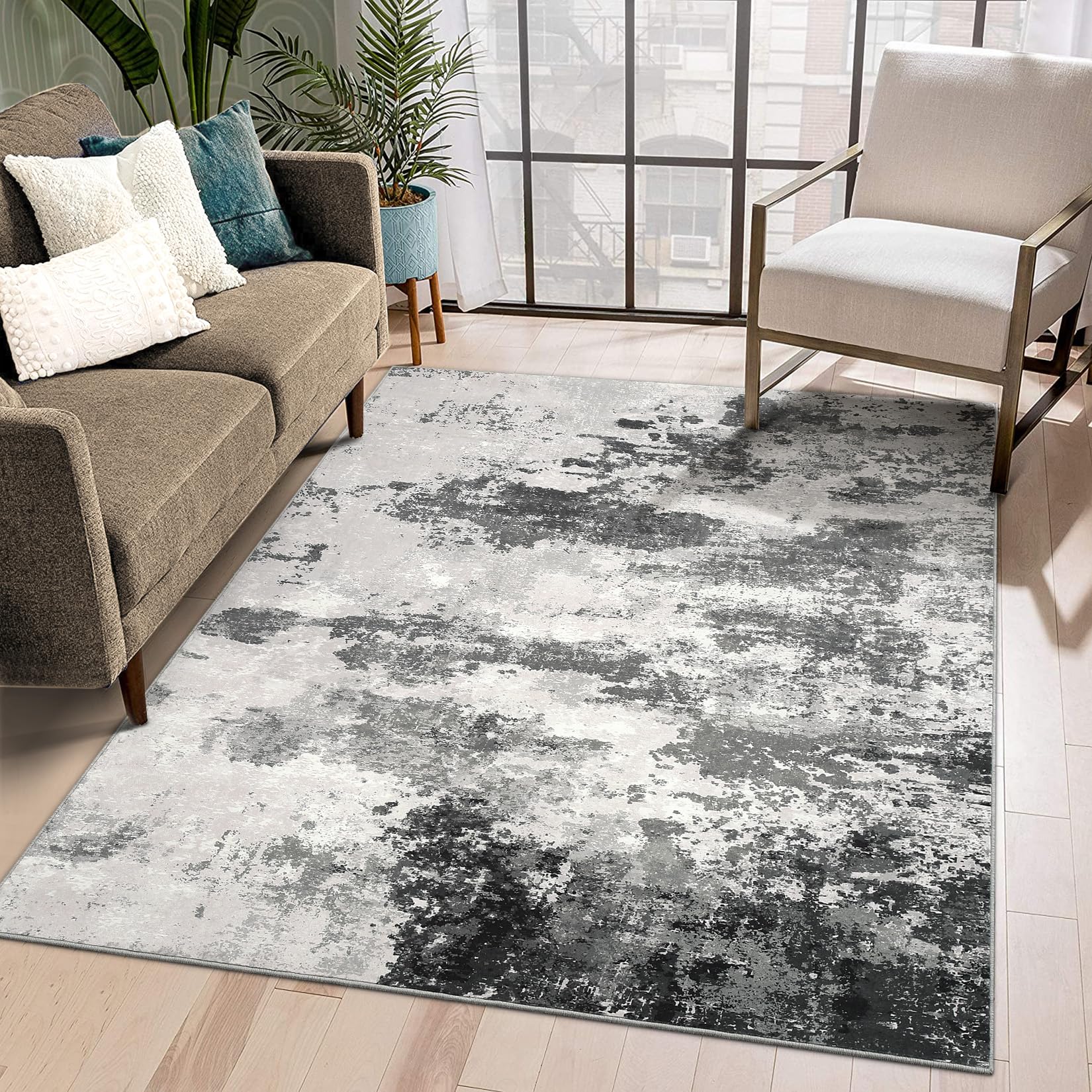 Abstract Area Rug 8'x10', Large Living Room Rug Machine Washable Rug Modern Area Rug Non-Slip Low Pile Rugs Accent Carpet for Bedroom, Kitchen, Home Office, Gray