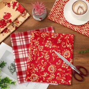 JarThenaAMCS 12Pcs Red Floral Cotton Fabric Bundles Retro Flower Plaid Stripe Fat Quarters Decorative Quilting Patchwork for DIY Craft Home Party Decor, 18 x 22 Inch