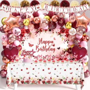 birthday decorations party pack for women girls burgundy birthday party supplies for her red flower backdrop burgundy rose gold balloon arch kit banner floral tablecloth butterfly cupcake toppers