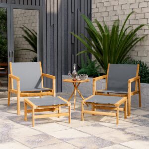 Devoko Patio Furniture Set 4 Piece Outdoor Conversation Set Acacia Wood and Textile Chairs with Footstool for Patio, Lawn, Garden, Poolside