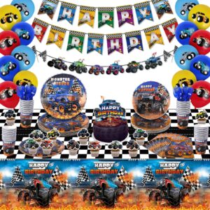 monster truck birthday decorations supplies serves 24 guests, machines jam birthday party tableware with birthday banners, tablecloth, plates, cups, napkins, forks for boys birthday