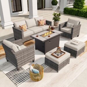 ovios 6 pieces patio furniture set with fire pit table, outdoor wicker 3-seat sofa with comfy cushion, high back rattan conversation set for garden backyard, beige