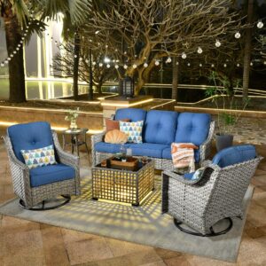 ovios 5 piece outdoor patio furniture with 3 seat sofa,rattan wicker coversation set with swivel rocking chair,balcony sofa set with shiny table for outside porch backyard pool,blue