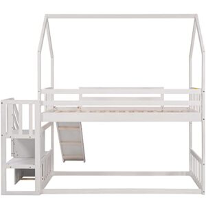 BOVZA Twin Over Twin House Bunk Bed with Convertible Slide, Wood Bunk Bed Frame with Stairs and Roof for Kids, Teens, Girls, Boys, White