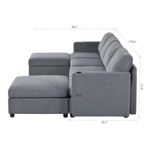 123.6" Oversized Chenille Upholstered Modular Storage Sectional Sofa Couch W/2 Movable Ottomans & Cupholders, U-Shaped Corner Free Combined Sofa&Couch Convertible Sleeper Sofabed for Living Room