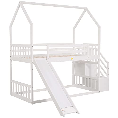 BOVZA Twin Over Twin House Bunk Bed with Convertible Slide, Wood Bunk Bed Frame with Stairs and Roof for Kids, Teens, Girls, Boys, White