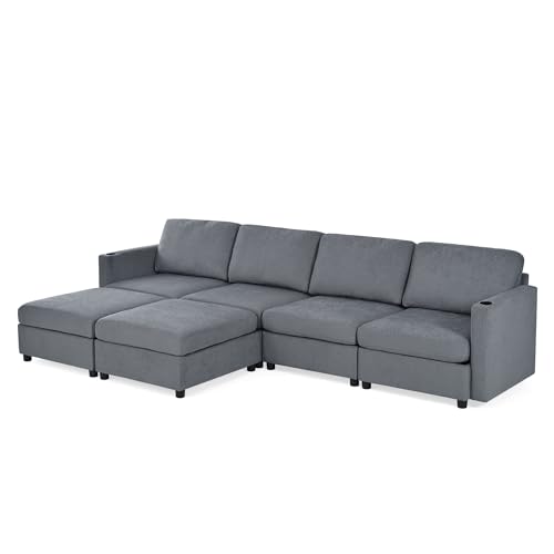 123.6" Oversized Chenille Upholstered Modular Storage Sectional Sofa Couch W/2 Movable Ottomans & Cupholders, U-Shaped Corner Free Combined Sofa&Couch Convertible Sleeper Sofabed for Living Room