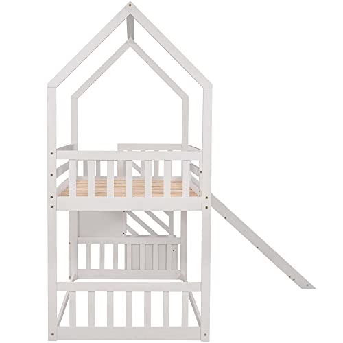 BOVZA Twin Over Twin House Bunk Bed with Convertible Slide, Wood Bunk Bed Frame with Stairs and Roof for Kids, Teens, Girls, Boys, White