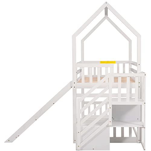 BOVZA Twin Over Twin House Bunk Bed with Convertible Slide, Wood Bunk Bed Frame with Stairs and Roof for Kids, Teens, Girls, Boys, White