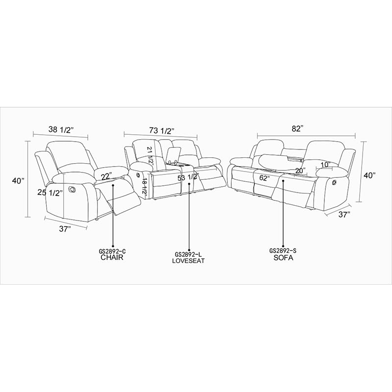 3-Piece Modern Couches for Living Room Furniture, Adjustable Recycled Leather Reclining Sofa Set with Chair Loveseat & Cup Console