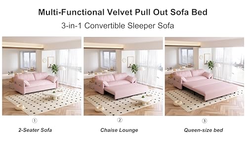 FANYE 3 in 1 Oversized Loveseat Sleeper Sofa W/Pull Out Couch Bed and Padded Armrests Convertible Queen Size Sofabed for Home Office Apartment Living Room(Available in Black/Gray/Beige/Pink)