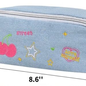 UNMULFC Large Pencil Pouch for Adult for Women Denim Cherry Star Heart-shaped Y2K Kawaii Cute Aesthetic Case Box holder Estuche para lapices Organizer Mini Makeup Bag (light blue)