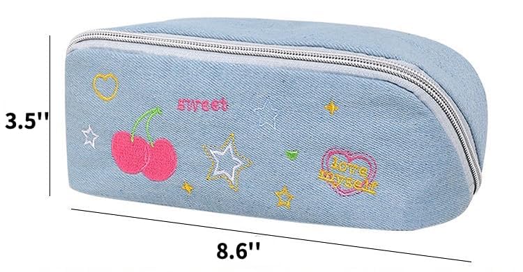 UNMULFC Large Pencil Pouch for Adult for Women Denim Cherry Star Heart-shaped Y2K Kawaii Cute Aesthetic Case Box holder Estuche para lapices Organizer Mini Makeup Bag (light blue)