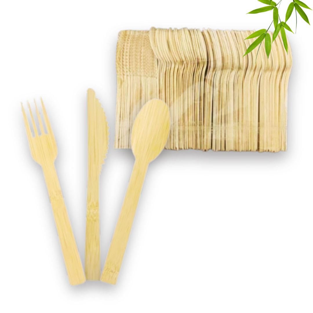 Generic Disposable Bamboo Utensils, 100 Pack | 100% Bamboo Cutlery NOT Wooden Cutlery | Eco-Friendly Compostable Cutlery | 50 Bamboo forks, 25 Knives, 25 Spoons, small