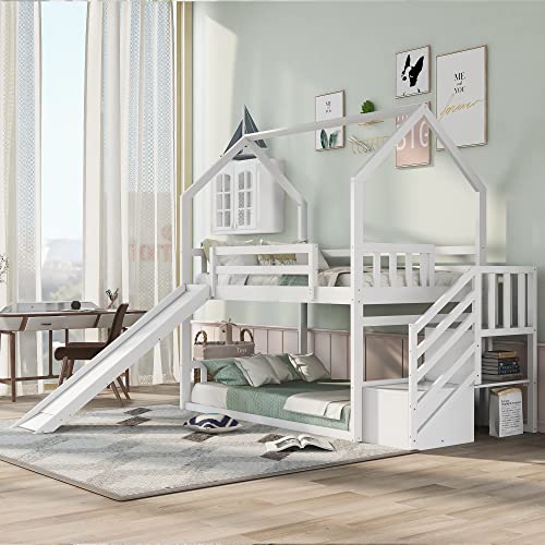 BOVZA Twin Over Twin House Bunk Bed with Convertible Slide, Wood Bunk Bed Frame with Stairs and Roof for Kids, Teens, Girls, Boys, White