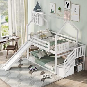 BOVZA Twin Over Twin House Bunk Bed with Convertible Slide, Wood Bunk Bed Frame with Stairs and Roof for Kids, Teens, Girls, Boys, White