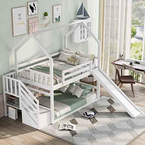 BOVZA Twin Over Twin House Bunk Bed with Convertible Slide, Wood Bunk Bed Frame with Stairs and Roof for Kids, Teens, Girls, Boys, White