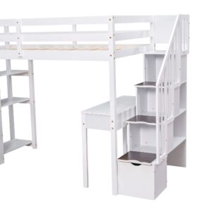 BIADNBZ Wood Loft Bed Twin Size with Desk and Stairs Storage, Wooden Loftbed with 4 Drawers and 3-Tier Shelves, for Kids Teens Bedroom, Stairway High Bedframe, White