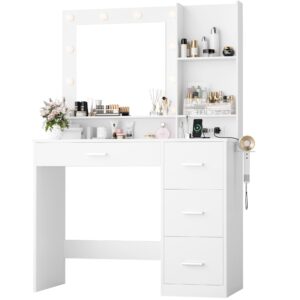 furmax vanity desk with led lighted mirror&power outlet, 39.3’’ makeup vanity table with 4 drawers and 3 storage shelves, adjustable 3 lighting colorfor bedroom&dressing room (white)