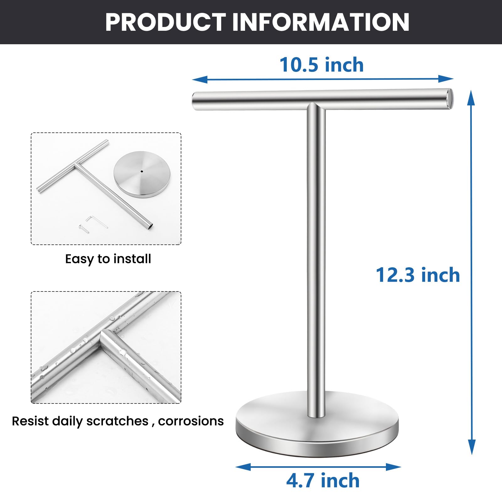 Zitalupy T-Shape Bath Hand Towel Holder Stand, Stainless Steel Free Standing Hand Towel Rack with Heavy Base, for Bathroom Kitchen & Countertop, Silver