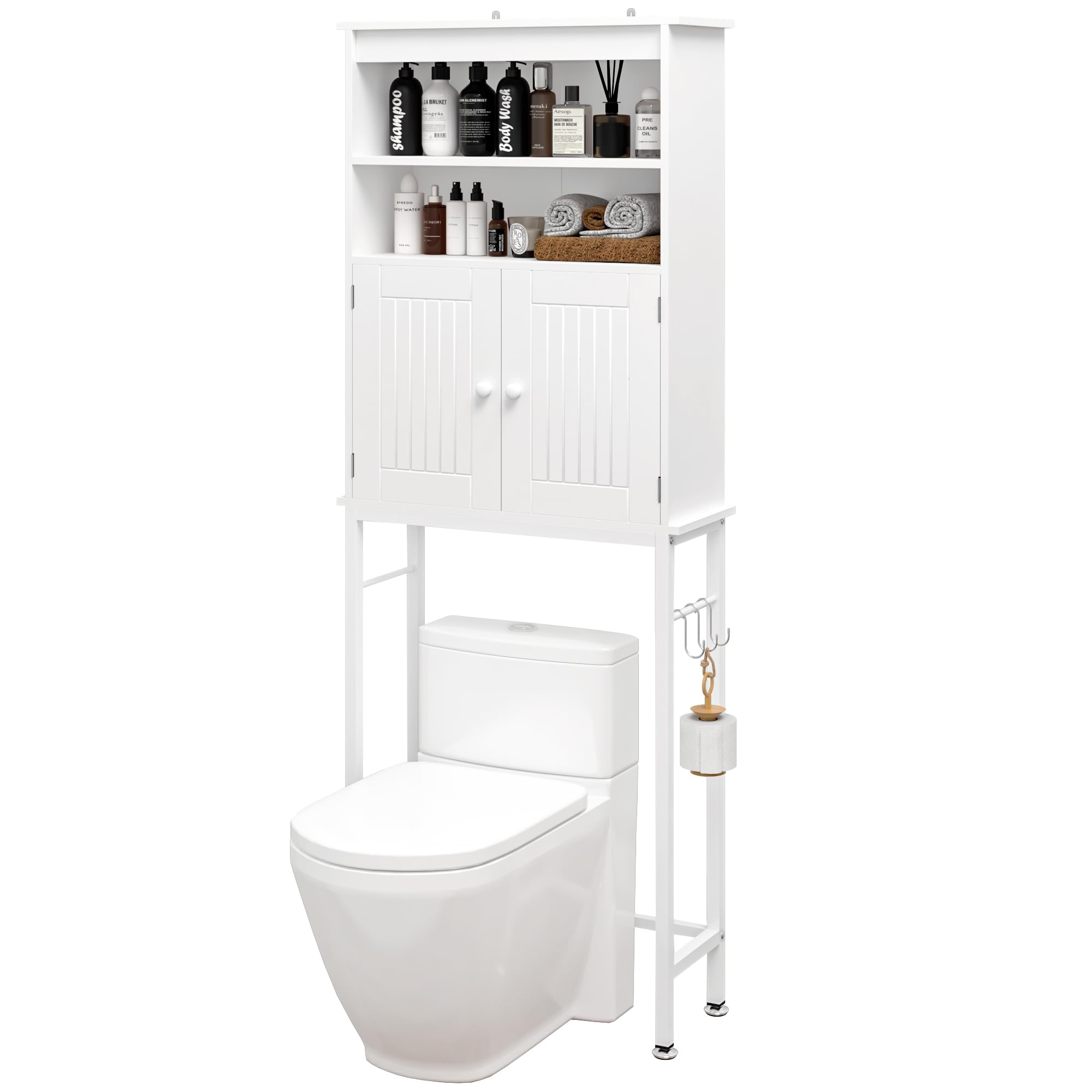 Salfanre Over The Toilet Storage Cabinet, Bathroom Organizer Over Toilet, Over The Toilet Shelf with Storage Cabinet, with 3 Hooks, White