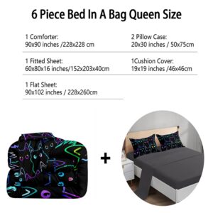 6 Piece Cat Comforter Set Queen Size Bed in A Bag set Cute Black Cat Bedding Set for Girls Boys Kids Teens (with 1 Comforter,1 Flat Sheet,1 Fitted Sheet,2 Pillowcases,1Cushion Cover)Cats 5001-6Pcs Q