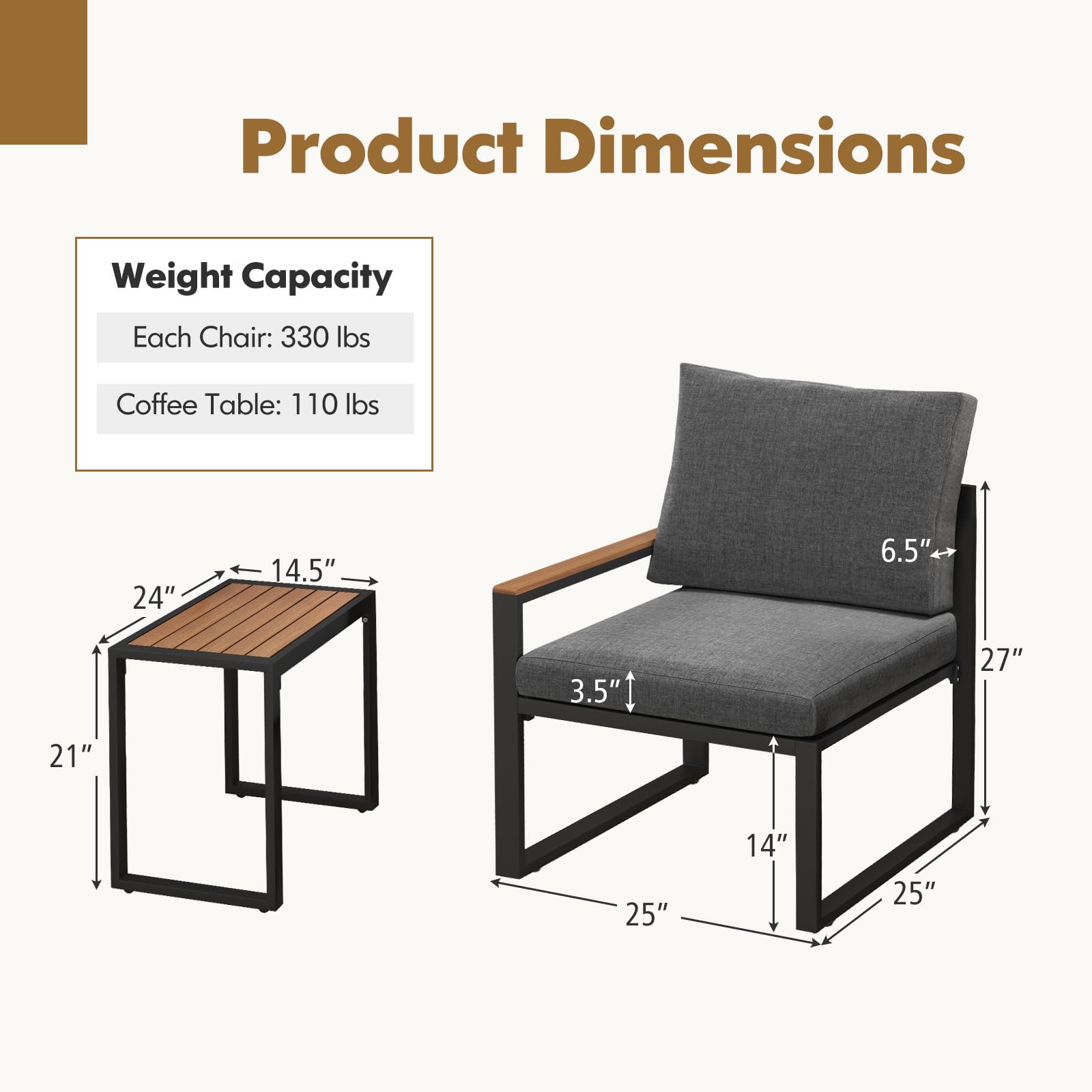 Tangkula 3 Pieces Patio Furniture Set, Aluminum Frame Weatherproof Outdoor Conversation Set with Soft Cushions for Backyard, Poolside, Porch, Balcony