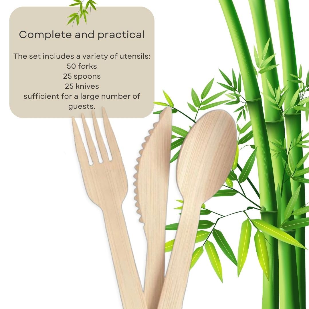 Generic Disposable Bamboo Utensils, 100 Pack | 100% Bamboo Cutlery NOT Wooden Cutlery | Eco-Friendly Compostable Cutlery | 50 Bamboo forks, 25 Knives, 25 Spoons, small