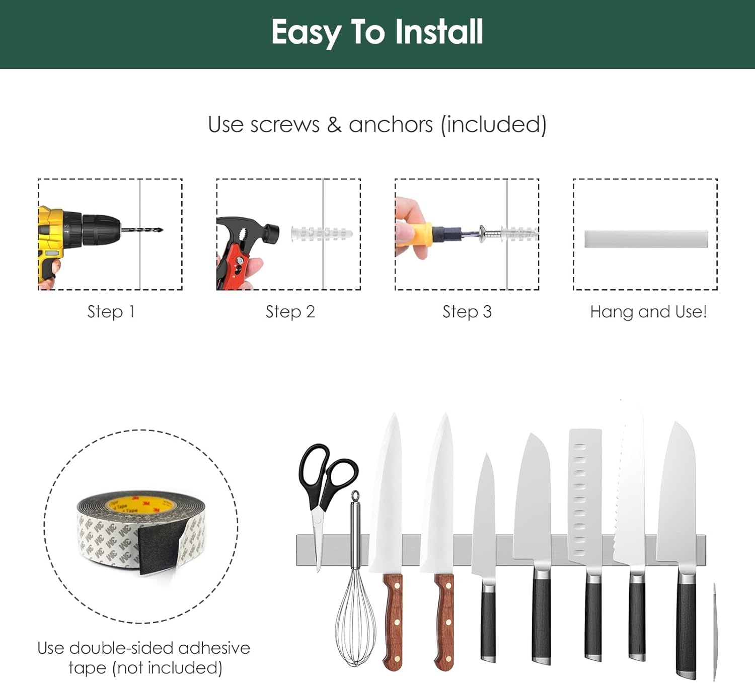 Fohil Magnetic Knife Holder for Wall, Stainless Steel 20 Inch Magnetic Knife Strip Wall Mounted Magnetic Knife Bar Drilling Magnetic Knife Rack for Kitchen Knives Holder Magnetic Tool Holder