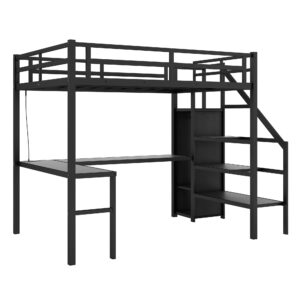 Linique Full Size Gaming Loft Bed with L-Shaped Desk, LED and Charging Station, Metal Loft Bed with Wardrobe and Adjustable Shelf for Kids Teens Adults, Black