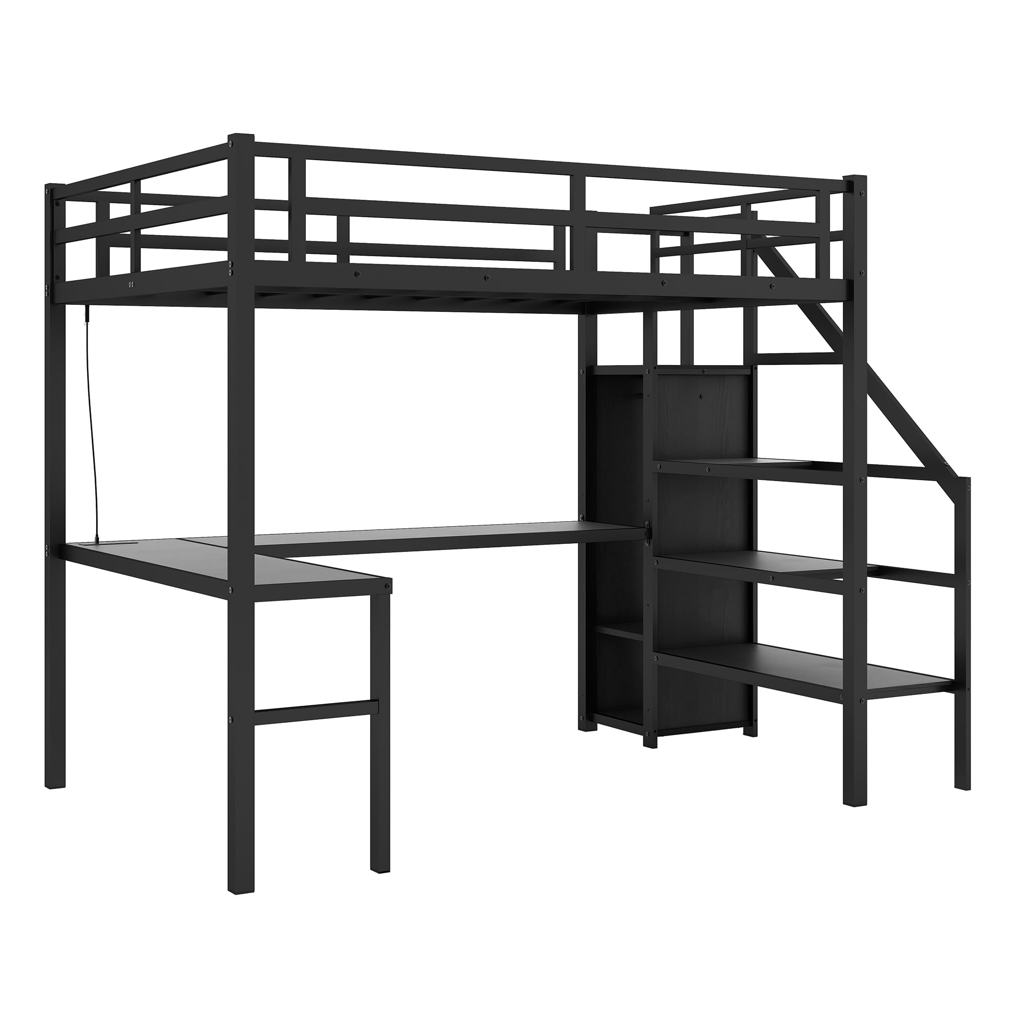 Linique Full Size Gaming Loft Bed with L-Shaped Desk, LED and Charging Station, Metal Loft Bed with Wardrobe and Adjustable Shelf for Kids Teens Adults, Black