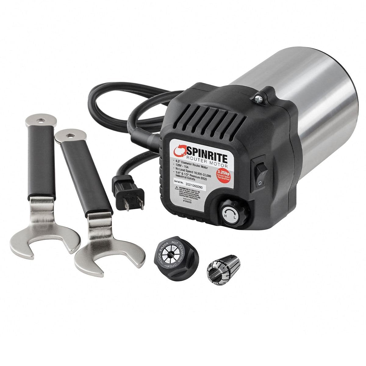 SpinRite Router Motor for Router Lifts and CNC, 3.25HP, Soft Start, Variable Speed, Easy Mount 4.2" Body, Includes Pair of ER20 Collets (1/2" & 1/4"), Collet Nut, Offset Wrench Set