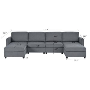 123.6" Oversized Chenille Upholstered Modular Storage Sectional Sofa Couch W/2 Movable Ottomans & Cupholders, U-Shaped Corner Free Combined Sofa&Couch Convertible Sleeper Sofabed for Living Room