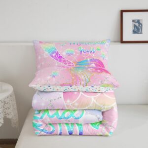 Feelyou Mermaid Comforter Set Twin Size for Kids Girls Rainbow Pink Mermaid Tail Printed Bedding Set Cute Reversible Stars Quilt Bed Set Sparkle Mermaid Fish Scale Bedroom Glitter Decor All Season