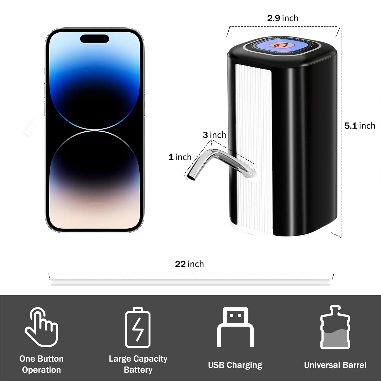 Arcwind 5 Gallon Water Bottle Dispenser, Electric Automatic Drinking Water Dispenser, Portable Water Bottle Pump with USB Charging for Home Kitchen Office Camping, Black