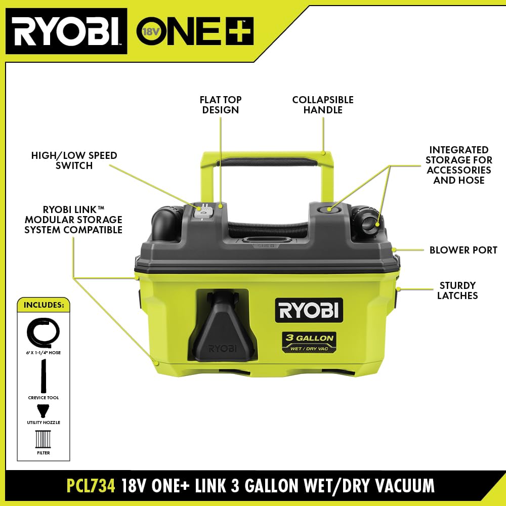 RYOBI 18V ONE+ Link 3 Gallon Wet/Dry Shop Vacuum (Bare Tool), Green