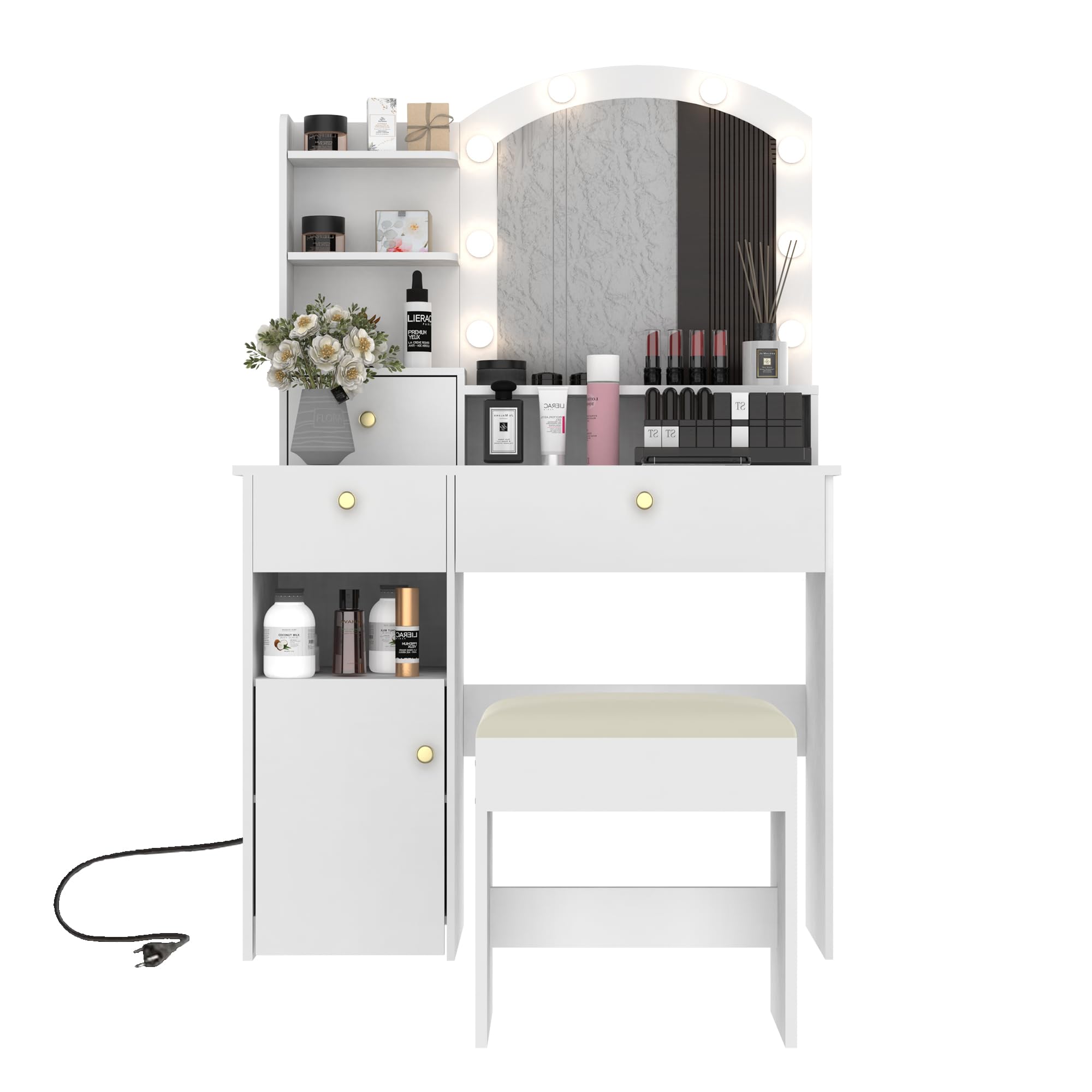 MISHAO Vanity Desk Set w/Mirror & Lights, 37" Makeup Vanity Table w/Chair & Power Outlet, Storage Drawers & Open Shelves, 3 Color Modes & Adjustable Brightness Dressing Table for Bedroom, White