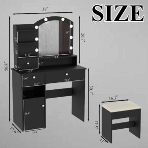 MISHAO Vanity Desk Set w/Mirror & Lights, Power Outlet, Makeup Vanity Table w/Stool, Storage Drawers & Open Shelves, 3 Color Modes & Adjustable Brightness Dressing Table for Bedroom, Black