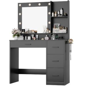 furmax vanity desk with led lighted mirror&power outlet, 39.3’’ makeup vanity table with 4 drawers and 3 storage shelves, adjustable 3 lighting colorfor bedroom&dressing room (black)