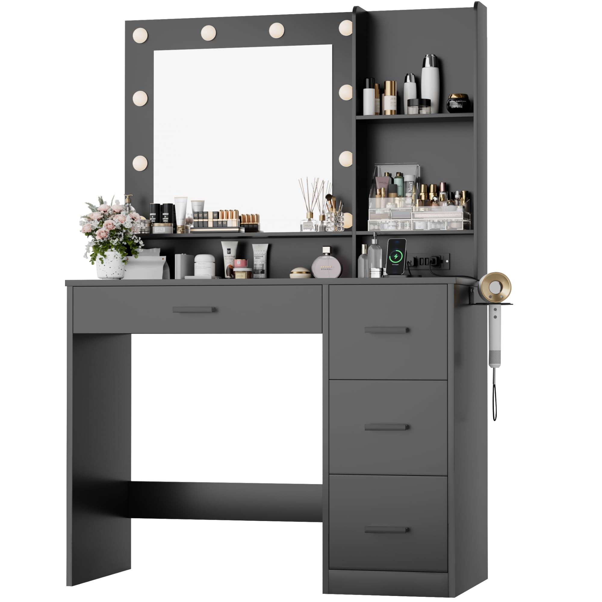 Furmax Vanity Desk with LED Lighted Mirror&Power Outlet, 39.3’’ Makeup Vanity Table with 4 Drawers and 3 Storage Shelves, Adjustable 3 Lighting Colorfor Bedroom&Dressing Room (Black)