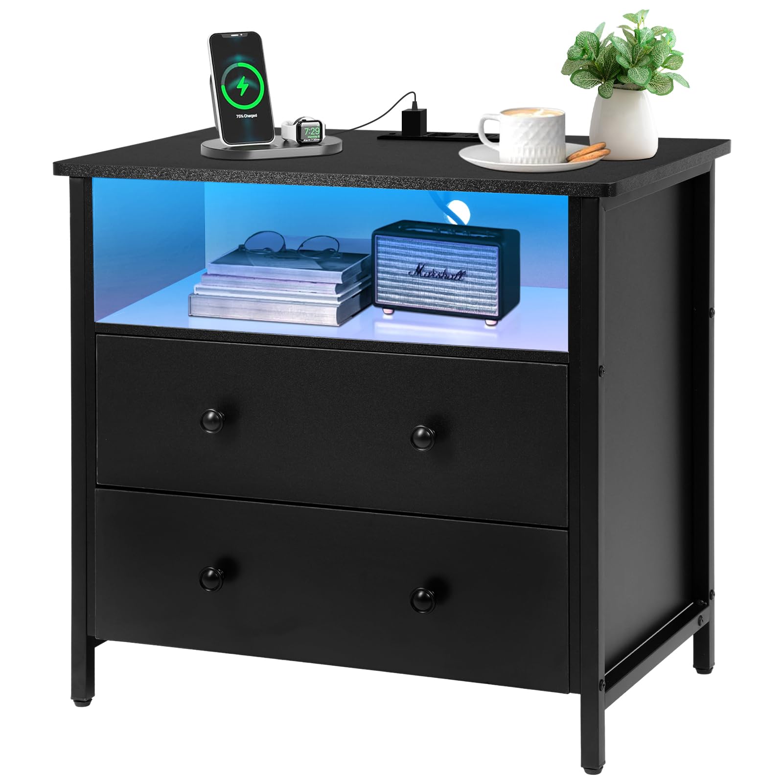 Tykacna 27 Inch Wide Night Stand, Large Wooden Night Stand with 2 Drawer, LED Nightstand with Charging Station and Adjustable Drawer, Bedside Table for Living Room/Bedroom/Study/Office, Black.