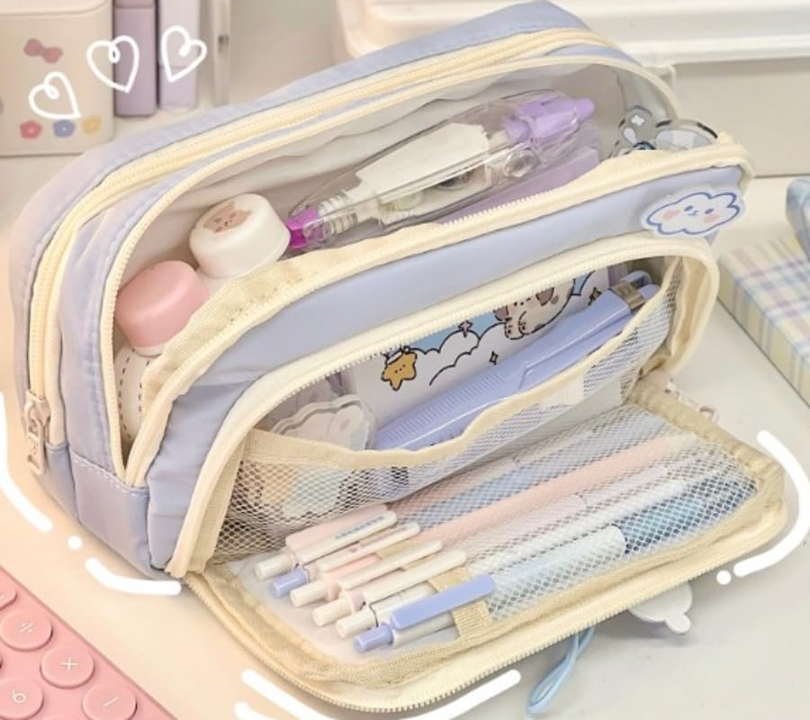 irLocy Cute Aesthetic Pencil Case Kawaii Pencil Case with Kawaii Pins Large Pencil Pouch Holder Preppy Supplies (blue)