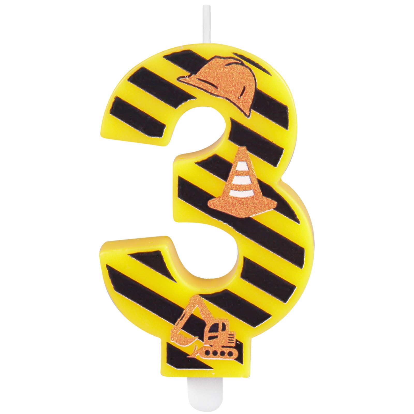 Construction Birthday Number Candles, Boys Happy Birthday Candles for Cake Topper, Number 3 Candle Yellow&Black Stripes Candles for Construction Themed Birthday Party Decoration Supplies Favors Gifts