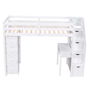 BIADNBZ Wood Loft Bed Twin Size with Desk and Stairs Storage, Wooden Loftbed with 4 Drawers and 3-Tier Shelves, for Kids Teens Bedroom, Stairway High Bedframe, White