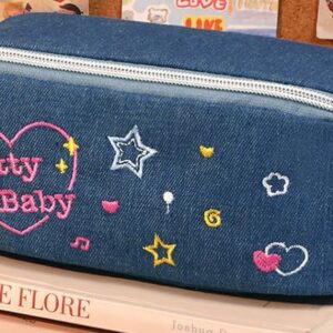 UNMULFC Large Pencil Pouch for Adult for Women Denim Cherry Star Heart-shaped Y2K Kawaii Cute Aesthetic Case Box holder Estuche para lapices Organizer Mini Makeup Bag (light blue)