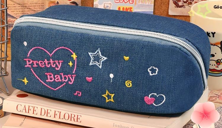 UNMULFC Large Pencil Pouch for Adult for Women Denim Cherry Star Heart-shaped Y2K Kawaii Cute Aesthetic Case Box holder Estuche para lapices Organizer Mini Makeup Bag (light blue)